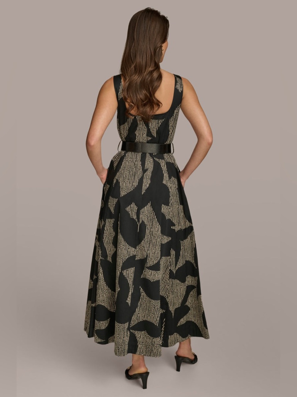 Donna Karan New York Cotton Sleeveless Belted Midi Dress Size 8 Black Tan - Picture 6 of 16